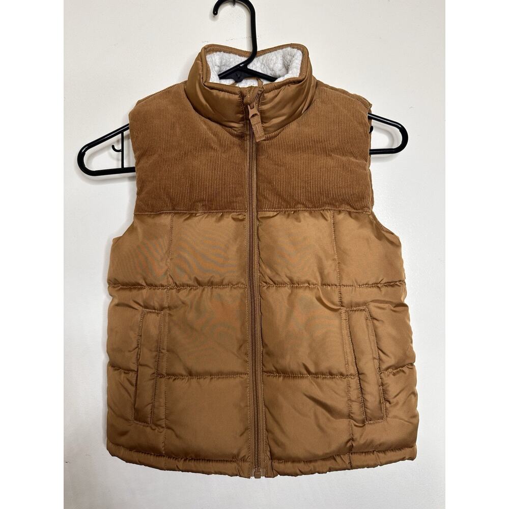 Threadabouts Boys Size XS 6/7 Camel Puffer Vest Corduroy Panel Sherpa Collar